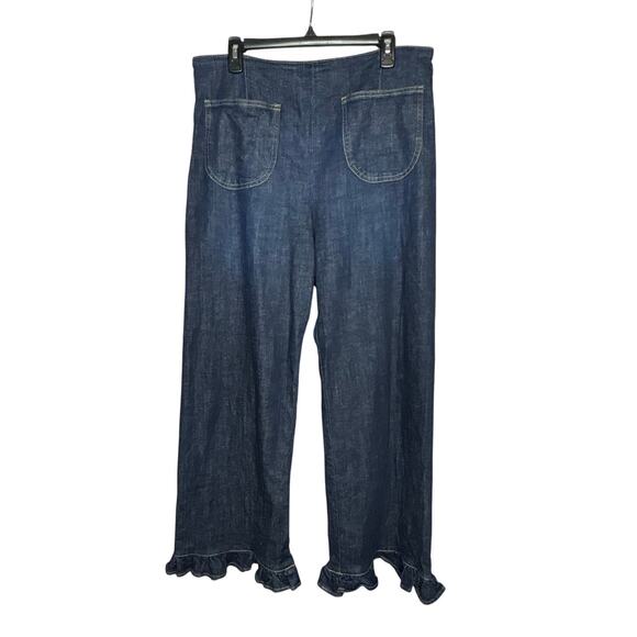 Maeve Denim - Maeve Colette Ruffle Hem High Rise Wide Leg Dark Wash Cropped Jeans Size 32 Tall